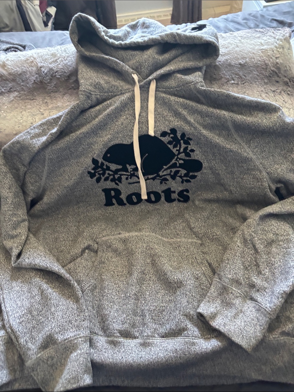Roots Men's Heather Gray Hoodie with Black Beaver Logo